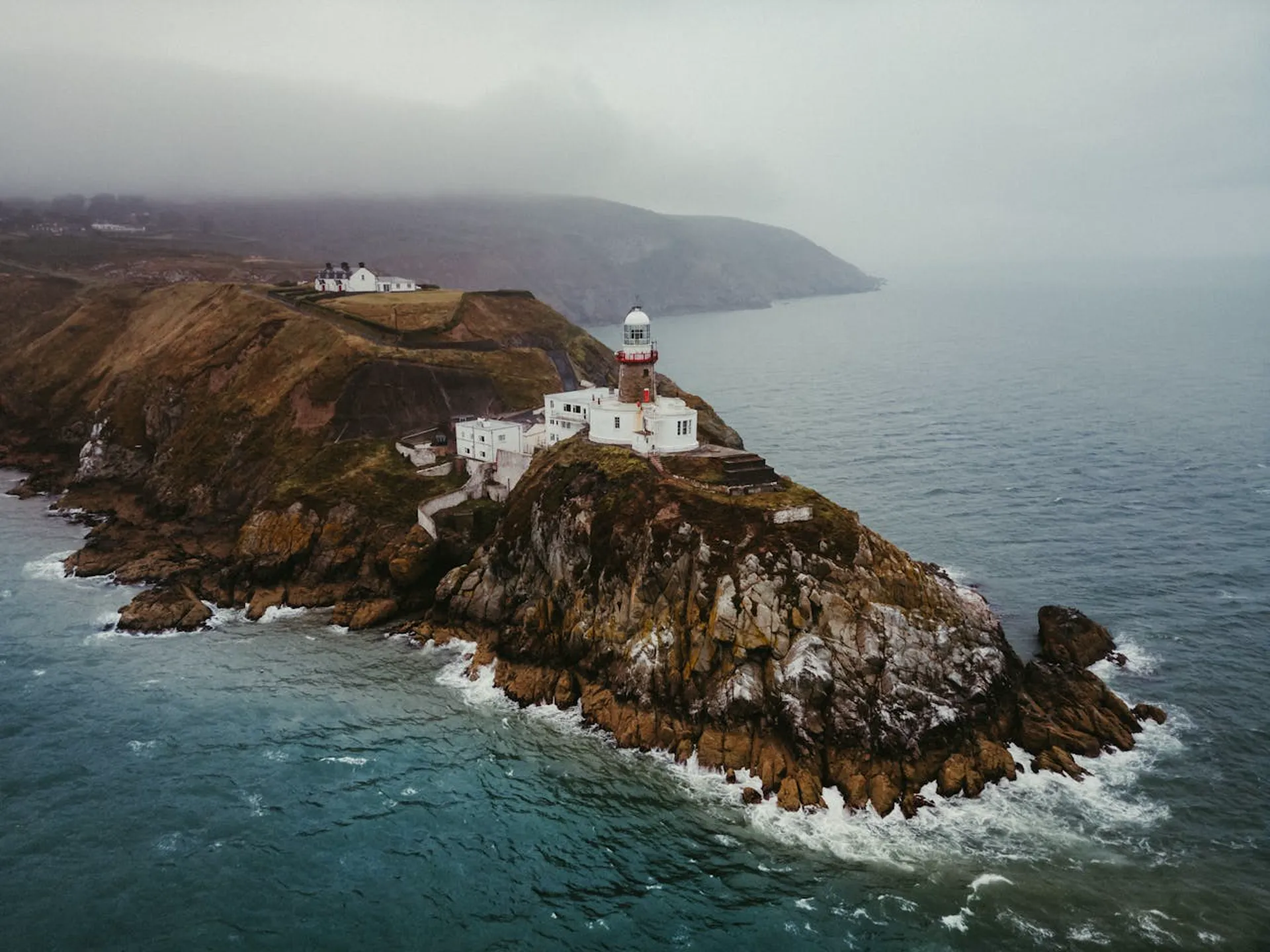 Aerial view of the Baily Lighthouse on Howth Head promontory