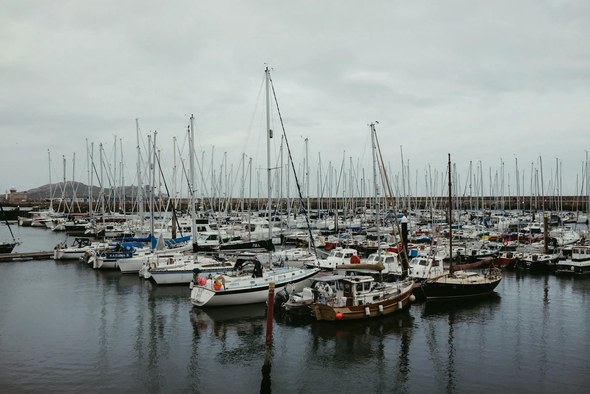 Sailboats moored at Malahide Marina with Malahide Head in the background
