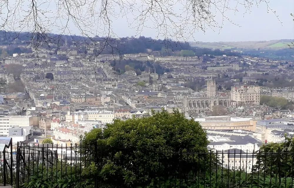 Central Bath seen from Alexandra Park, with Bath Abbey rising above the honey-stone city centre