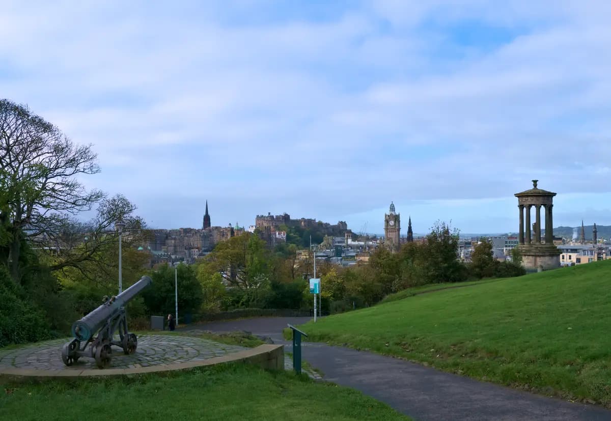 The Old Town skyline, Edinburgh Castle and the Balmoral clock tower seen from Calton Hill