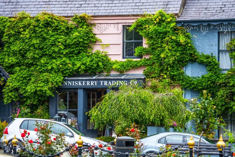 A wisteria-covered shopfront on one of Enniskerry's painted village terraces