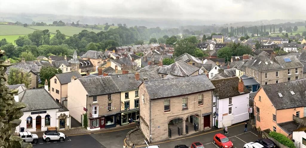 The rooftops of Hay-on-Wye and the Cheese Market seen from Hay Castle, with fields beyond