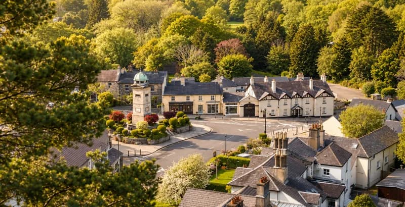 The clock tower and the mock-Tudor terraces on the Square at Enniskerry seen from above