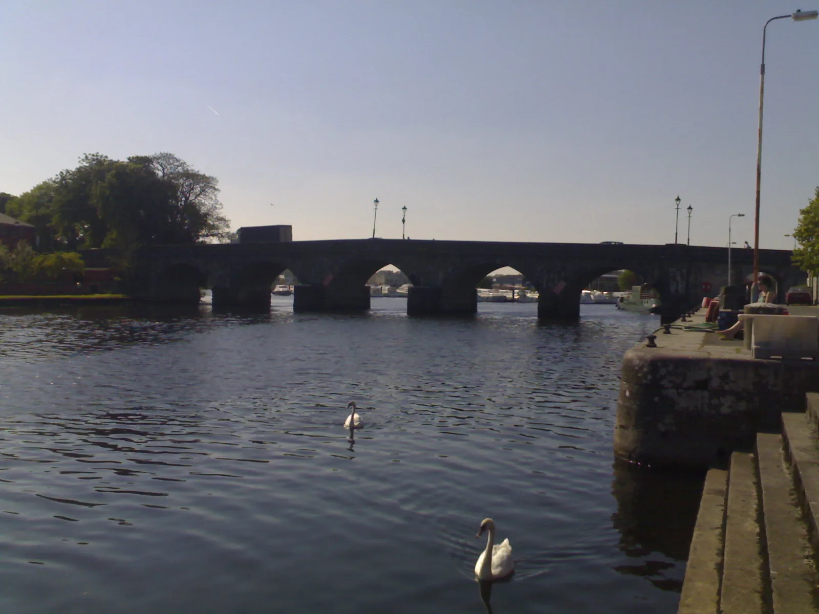The River Shannon and the stone bridge at Carrick-on-Shannon, with mute swans on the water