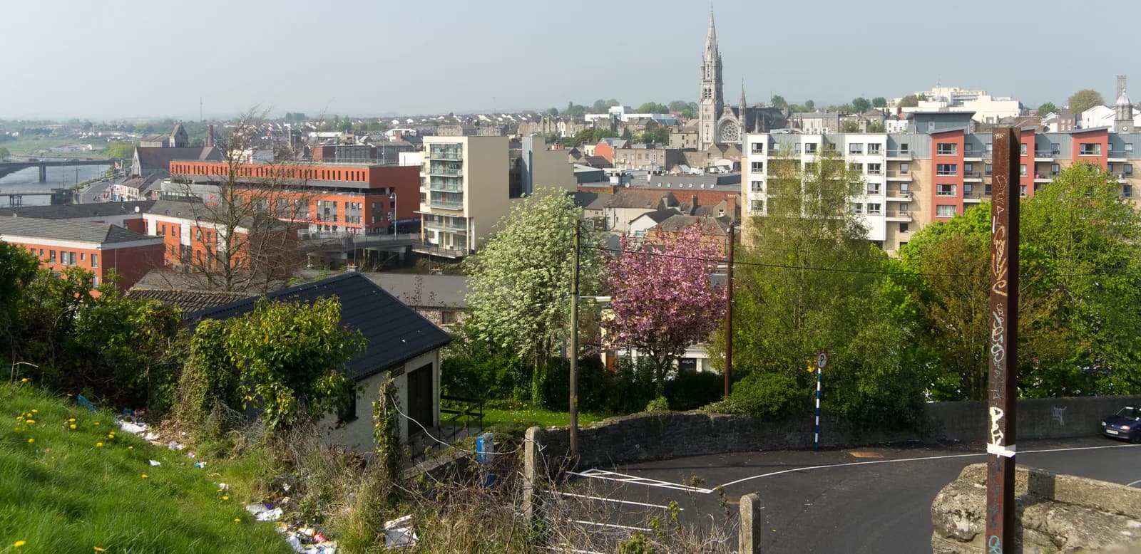 The view over Drogheda and the River Boyne from Millmount, with the town's spires and quays below