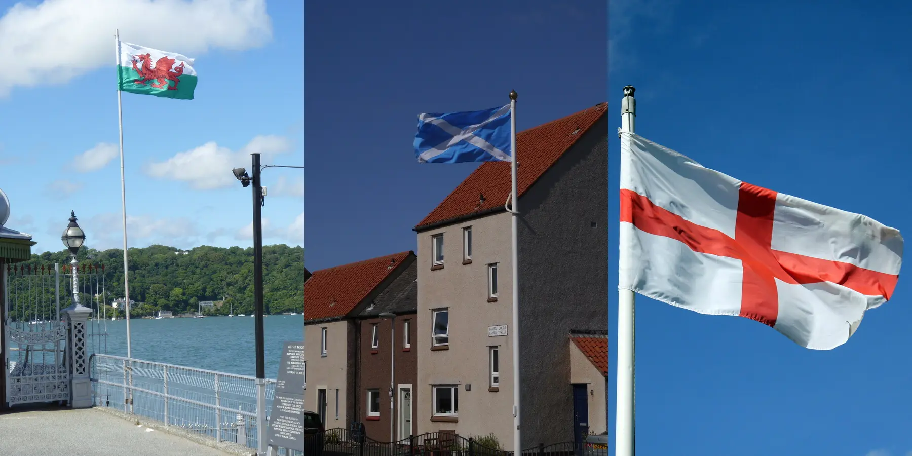 Three panels side by side: the Welsh dragon flying over Bangor pier, the Saltire above houses in Dunbar, and the flag of England against a blue sky