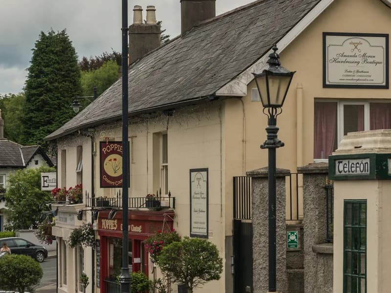 The Poppies shopfront on the Square in Enniskerry, with the village terrace behind